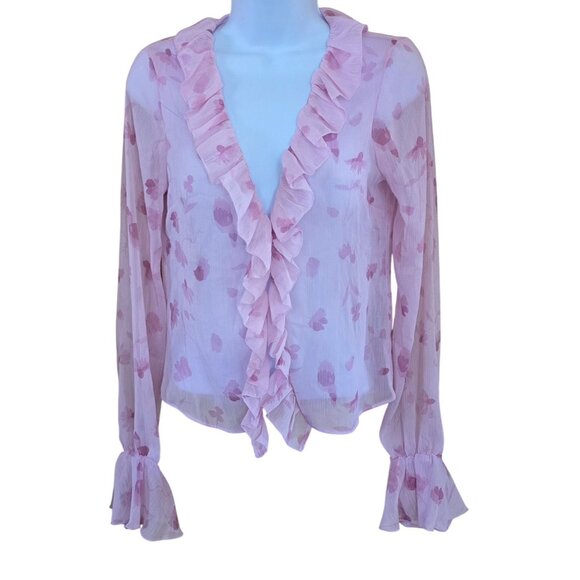Ruffled Sheer Pink Floral Blouse Airy Flirty coquette love anniversary romance - Picture 1 of 9